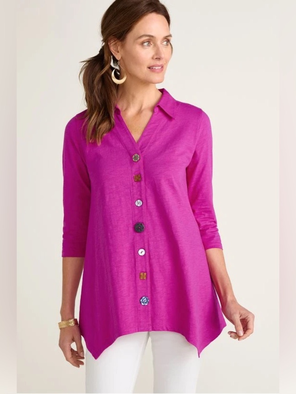 Soft Surroundings Danielle Button 3/4 Sleeve Tunic in Festival Fuchsia Size XL